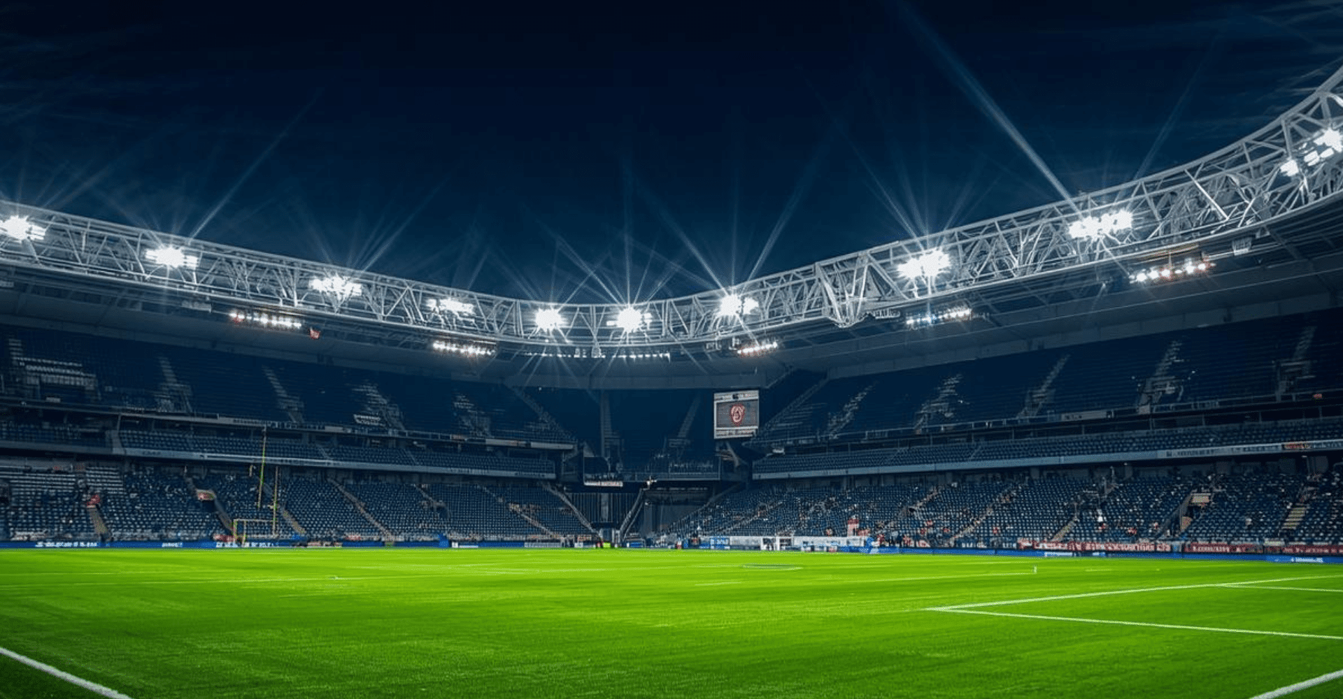 A brightly lit soccer stadium at night, showcasing the vibrant atmosphere of an evening match.